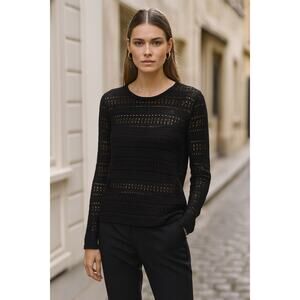 ME+EM Cotton Lace Knit Sweater Jumper Long Sleeve Sheer Blouse Small Top Black